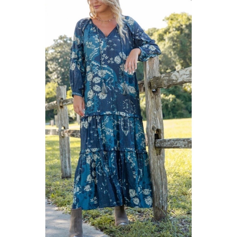 NWT Natural‎ Life Women's Green Blue Floral Boho Hippie Peasant Flowy Dress Sz M